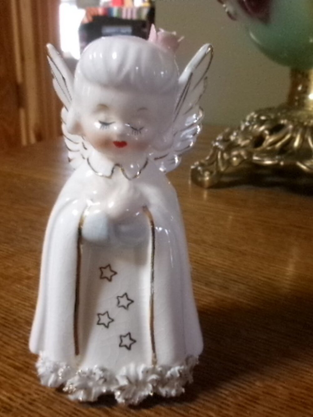 Vtg Christmas Angel Japan spaghetti trim holding her heart gold star dress